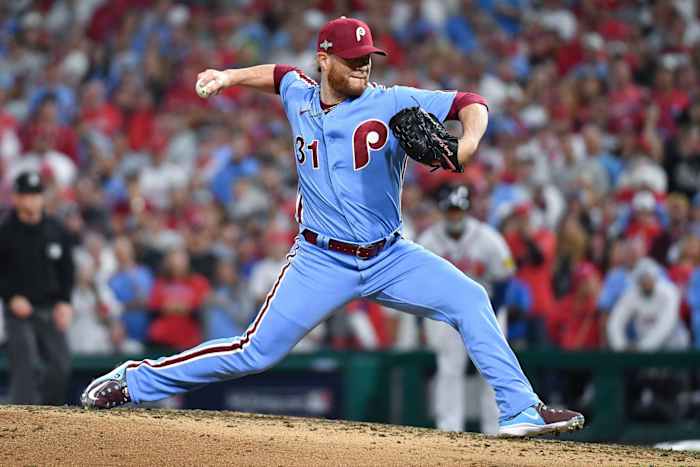 Philadelphia Phillies relief pitcher Craig Kimbrel throws against the Atlanta Braves